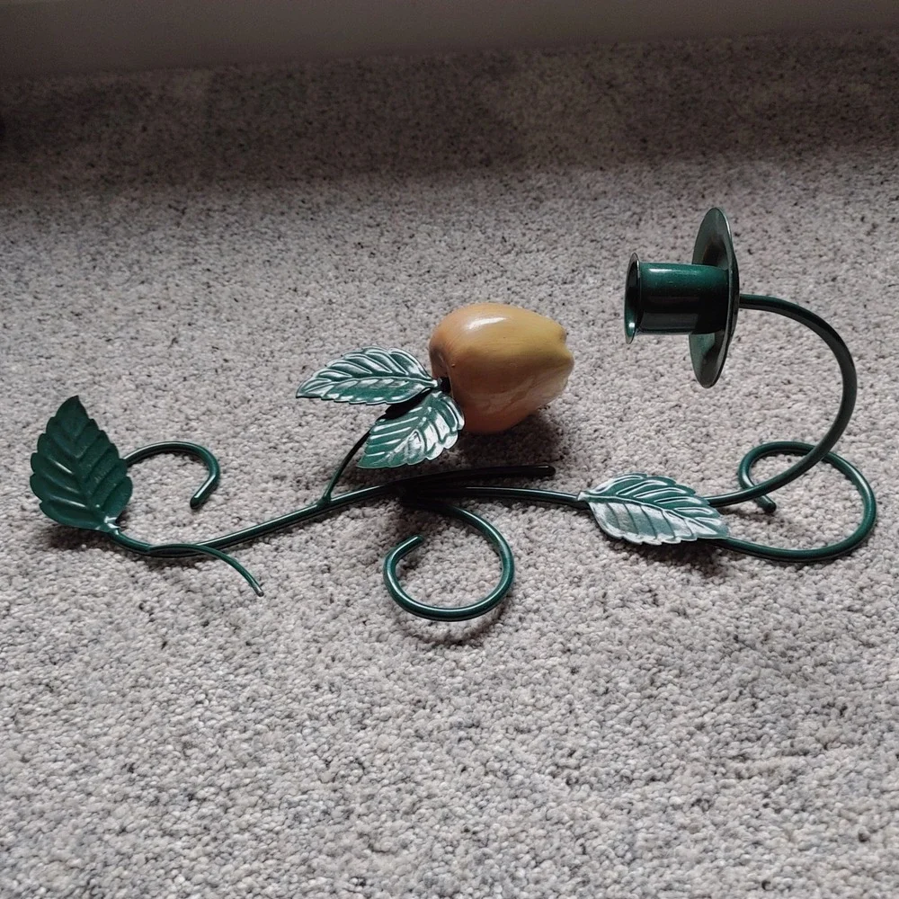 90s Homeco Metal Apple Vine Wall Sconce Pair Green Leaf Fruit Candle Holder Set